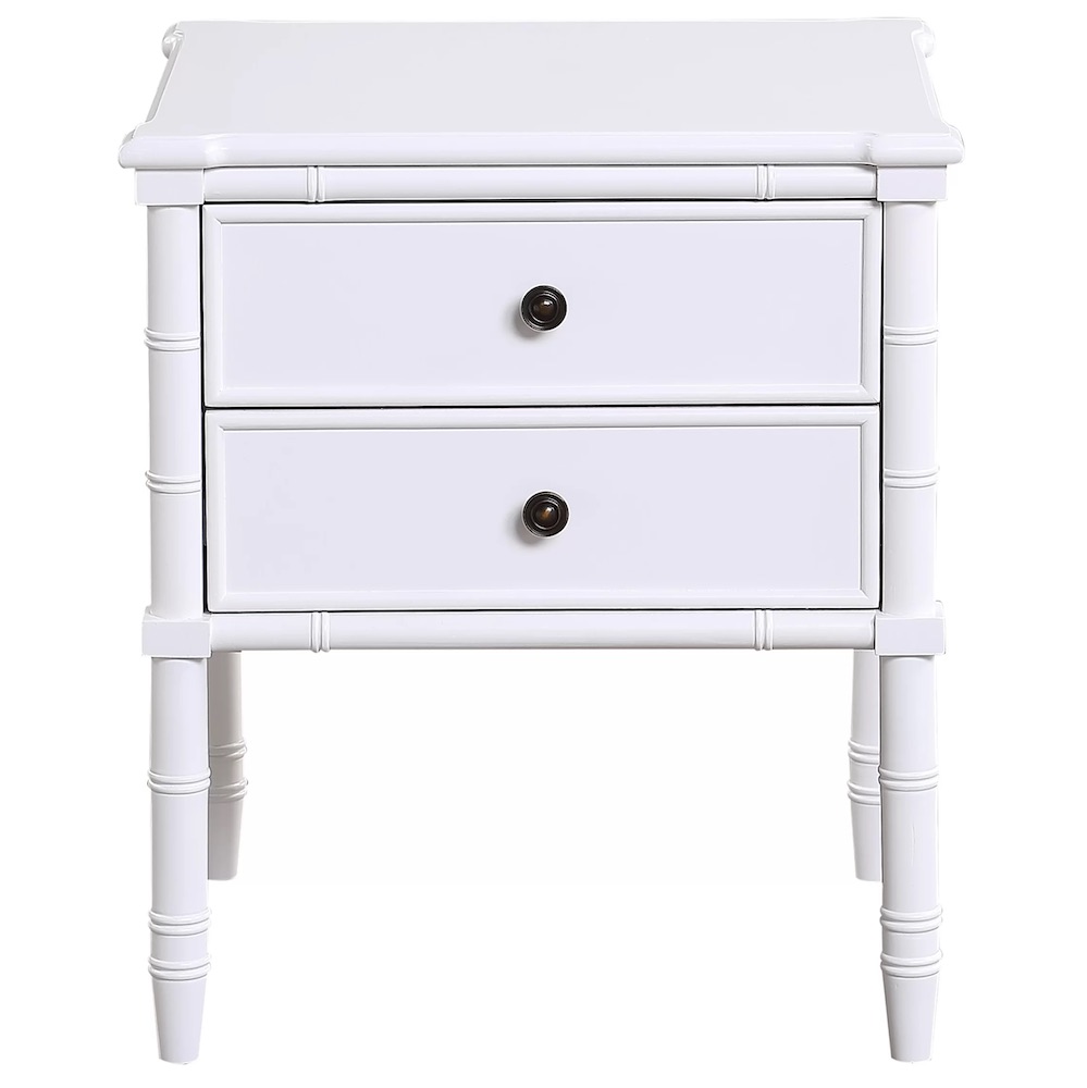 A white nightstand with bamboo details and two drawers.