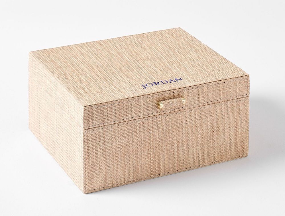 A personalized raffia jewelry box.