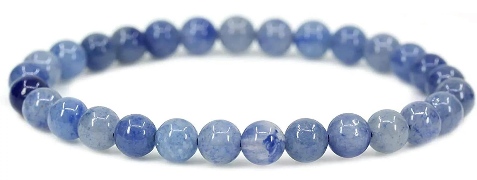 A blue beaded bracelet.