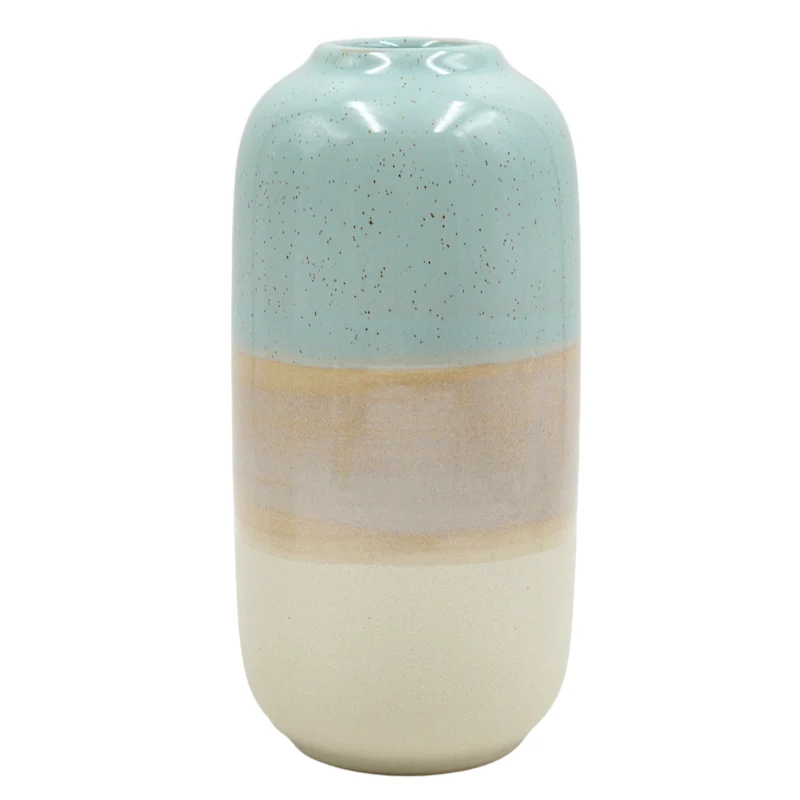 A light blue, sand, and beige striped vase.