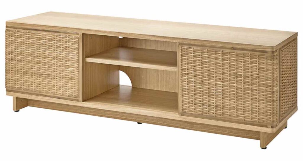 A rattan tv unit with center shelves.