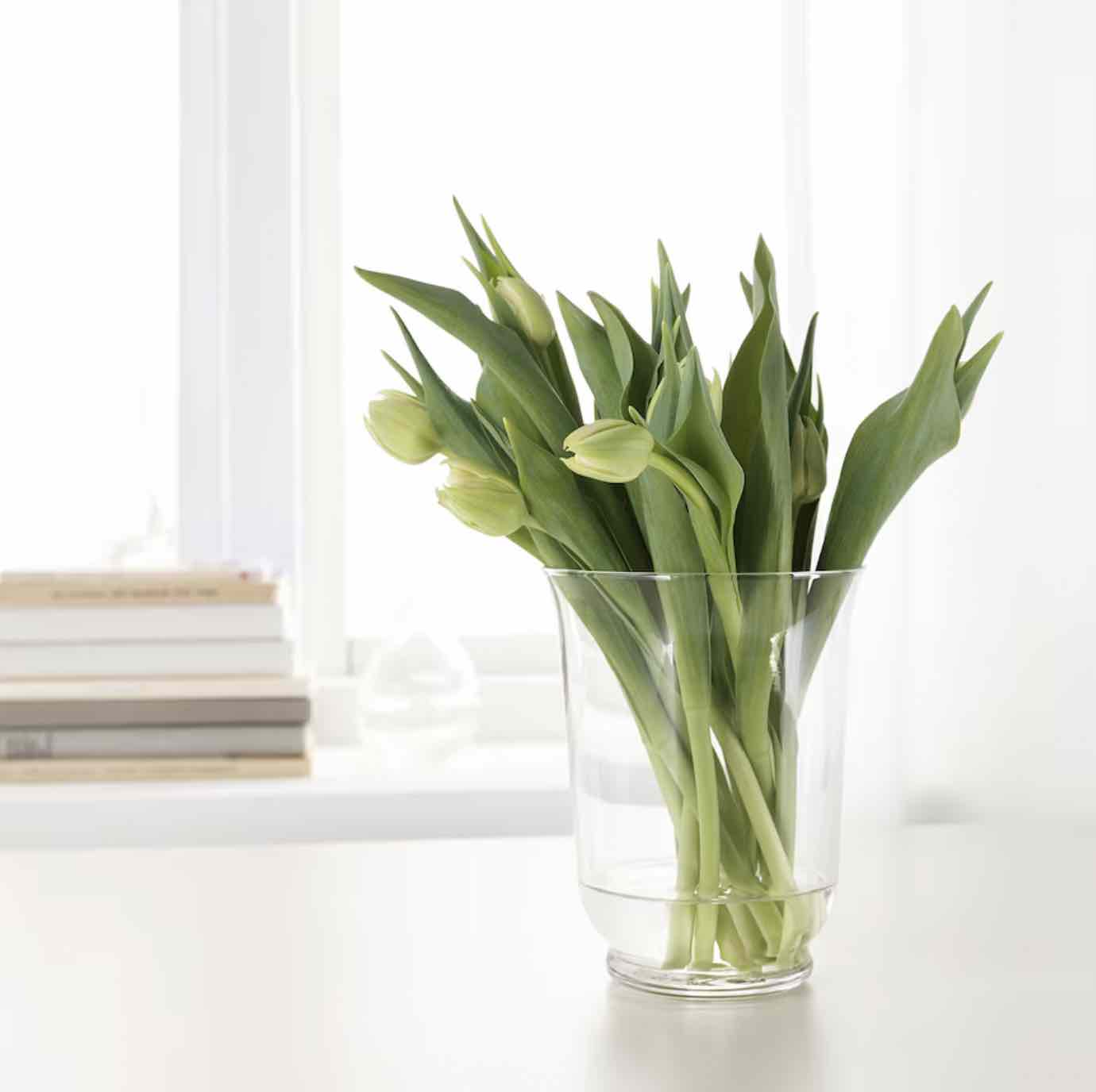 A clear glass vase holding flowers.
