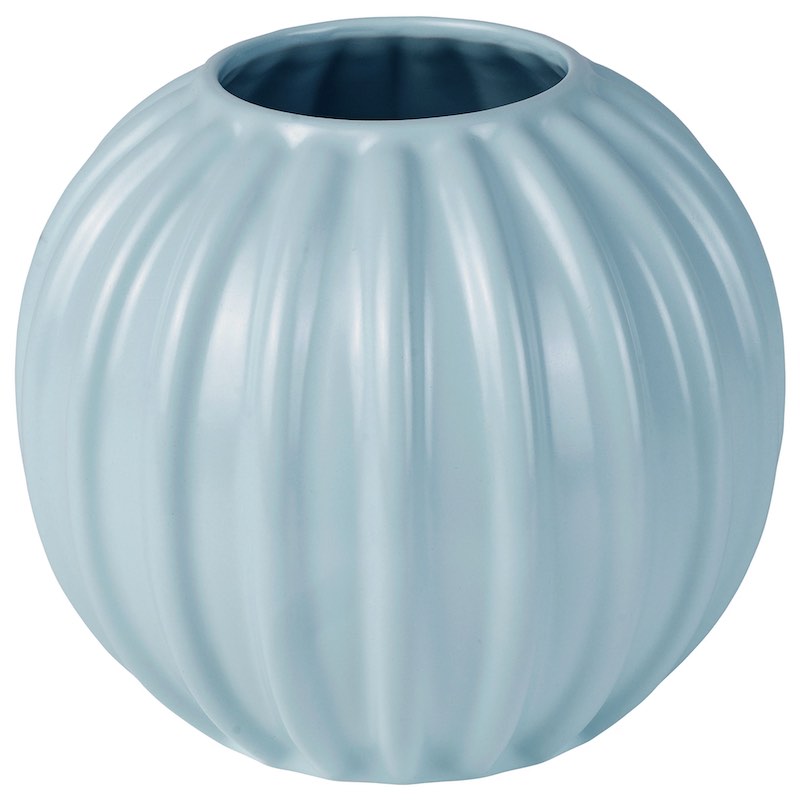 A round light blue ribbed vase.