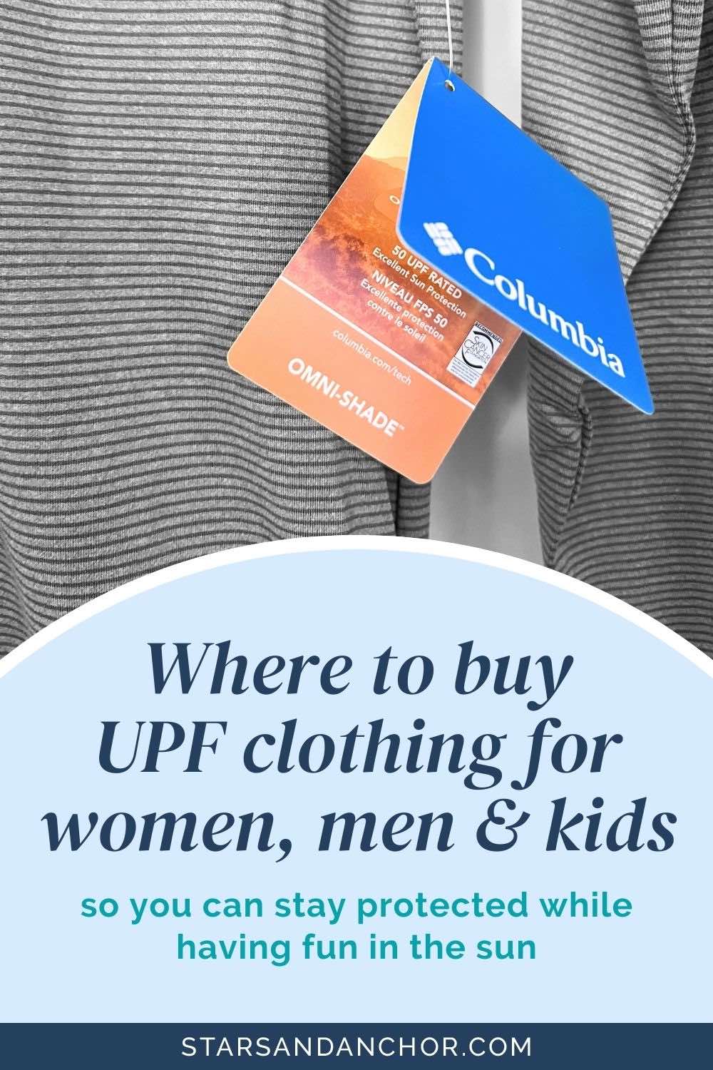 A graphic showing an image of a hang tag for a Columbia shirt saying that it's 50 UPF rated for excellent sun protection. Text over the image says: Where to buy UPF clothing for women, men & kids so you can stay protected while having fun in the sun.