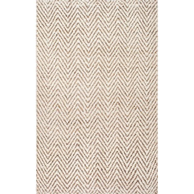 An ivory and tan chevron jute area rug.