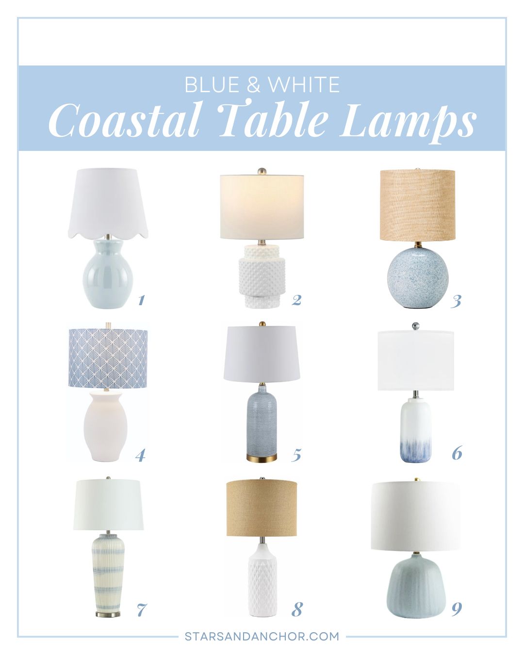 A collage with blue and/or white table lamps numbered one through nine, with text that says: blue and white coastal table lamps.