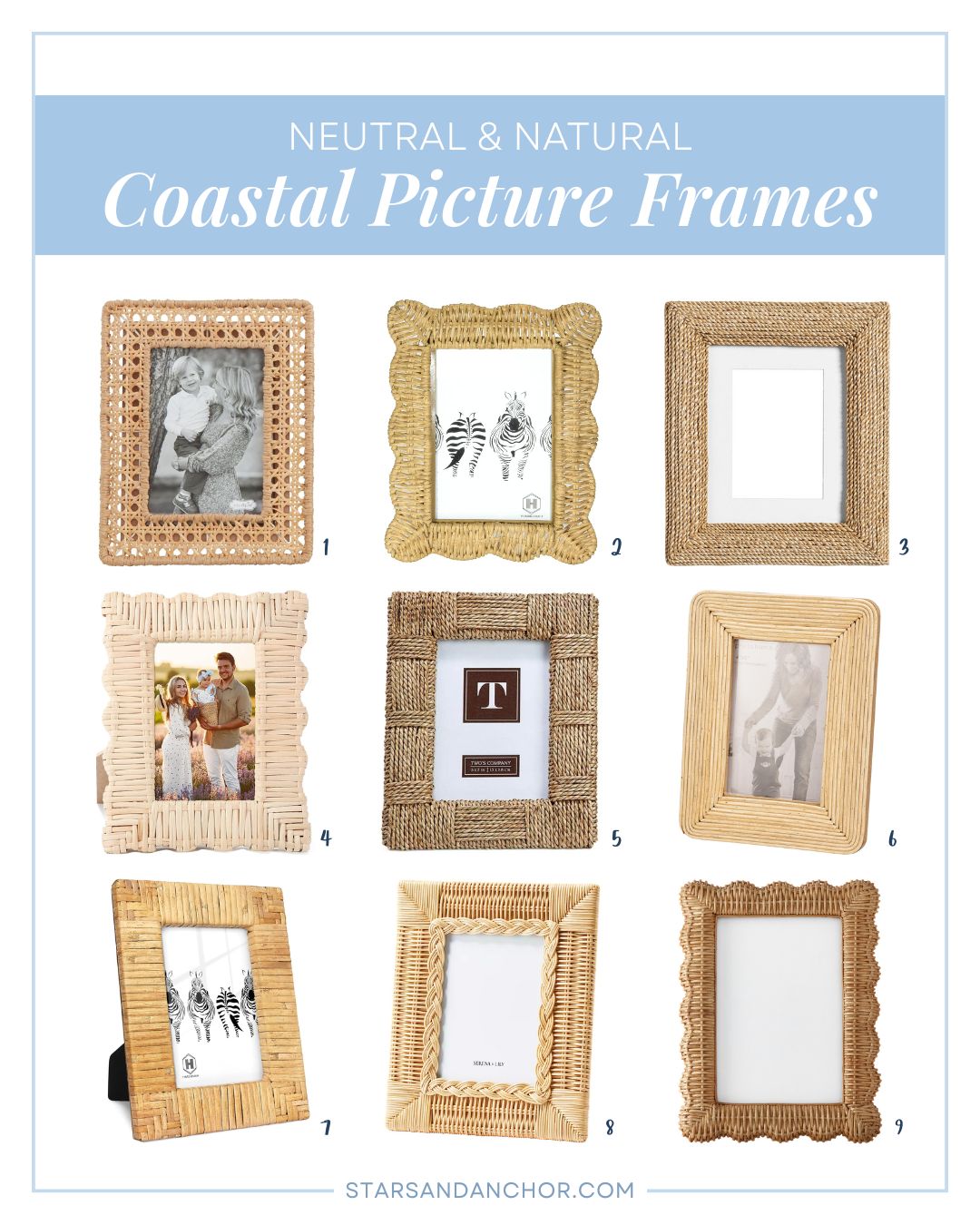 A collage of nine picture frames made of wicker, rattan, and seagrass. Text on the collage says: neutral and natural coastal picture frames.