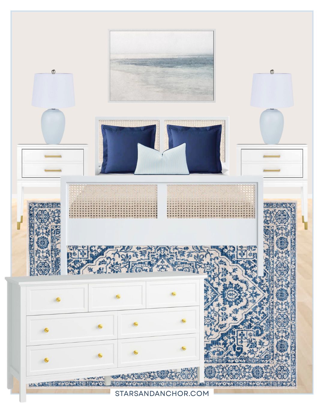 A collage of a room mockup showing coastal bedroom ideas featuring a white wood and cane bed, white nightstands and dresser, light blue table lamps, a navy and light gray rug, beach wall art, navy pillows and a light blue striped pillow.