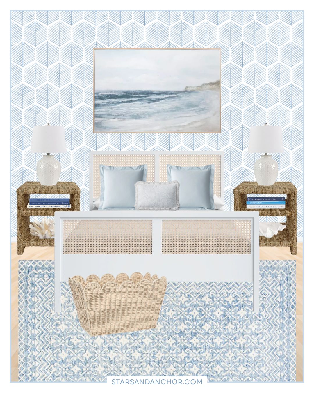 A collage of a room mockup showing coastal bedroom ideas featuring a white wood and cane bed, rattan nightstands, white table lamps, a light blue and white area rug, beach wall art, light blue pillows, coral, a clam shell, and a woven floor basket.