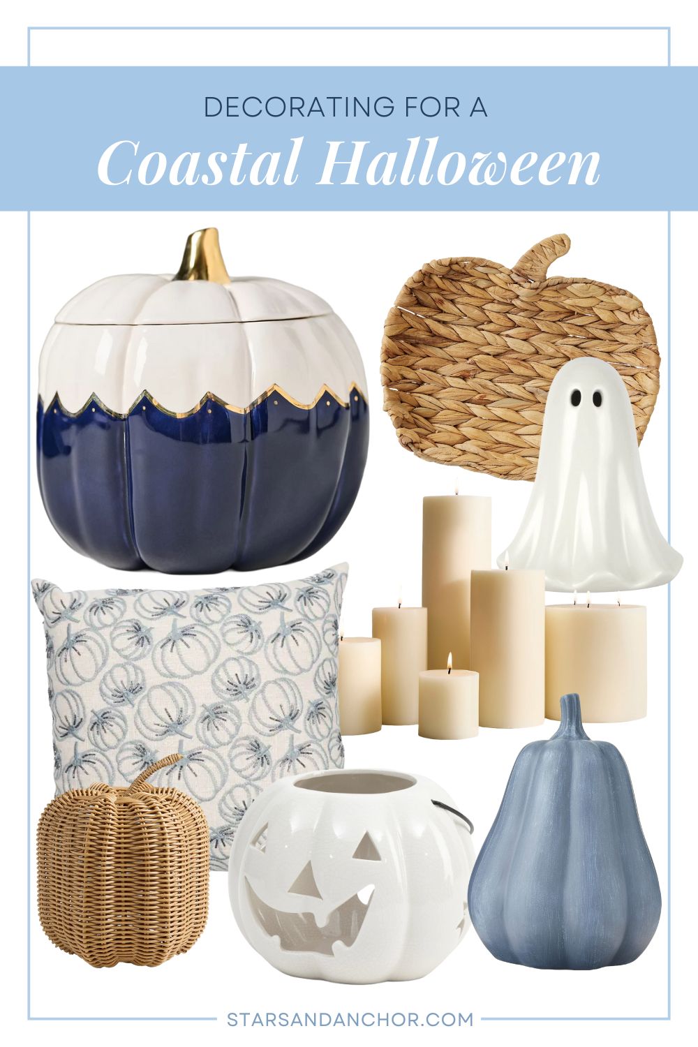 A collage titled "Decorating for a Coastal Halloween" showing a white and gold pumpkin with navy blue ocean waves, a rattan pumpkin tray, a white ceramic ghost, pillar candles of varying sizes, a cream pillow with blue pumpkins, a rattan pumpkin, a white jack-o-lantern, and a blue ceramic pumpkin.