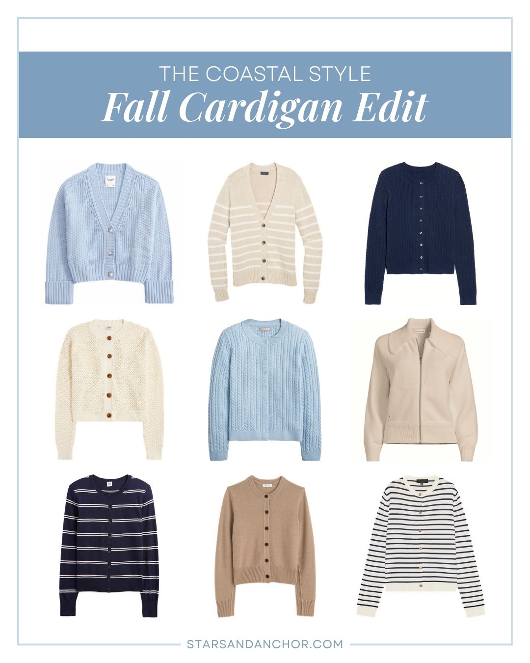 A collage titled "The Coastal Style Fall Cardigan Edit" containing nine pullover sweaters, in order left to right, top to bottom: light blue, tan with white stripes, navy, ivory, sky blue, tan, navy with white stripes, camel, and cream with navy stripes.