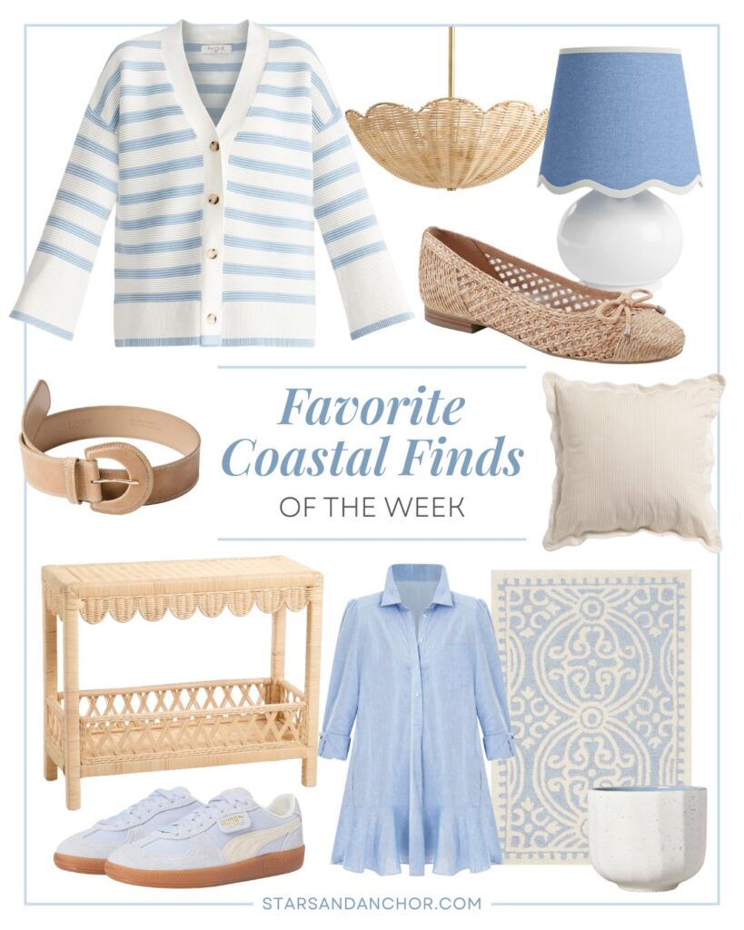 A collage named "favorite coastal finds of the week" showing a blue and white striped cardigan sweater, a rattan pendant light, a white lamp with a blue and white shade, woven ballet flats, a belt, a tan throw pillow, a scalloped rattan side table, blue and white sneakers, a blue shirt dress, a blue and ivory rug, and a blue and white candle.