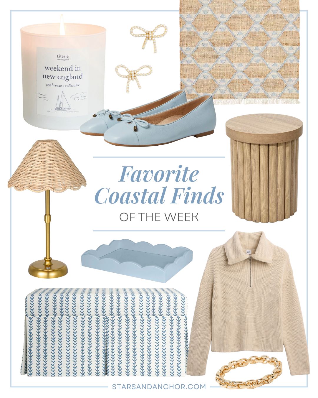 A collage named "favorite coastal finds of the week" showing a candle named "weekend in new england", pearl bow earrings, sky blue ballet flats, a tan light blue and cream patterned rug, a gold lamp with a rattan shade, a round ribbed wood side table, a sky blue scalloped tray, a cream with blue vines storage bench, a tan quarter-zip sweater, and a gold link bracelet.