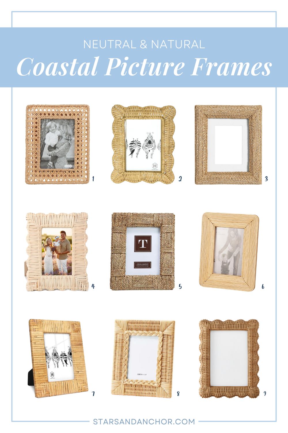 A collage of nine beach picture frames made of wicker, rattan, and seagrass. Text on the collage says: neutral and natural coastal picture frames.