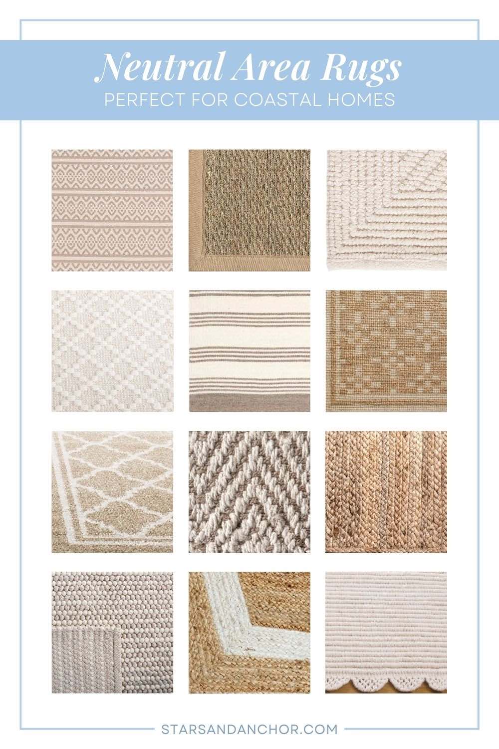 A collage titled "Neutral Area Rugs Perfect for Coastal Homes" containing closeups of the twelve rugs from the article.