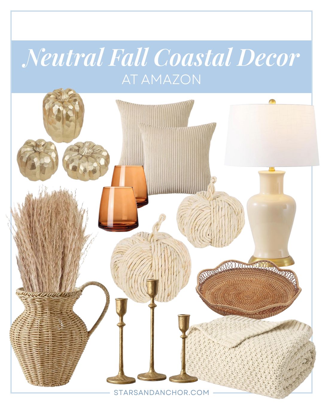 A collage named "Neutral Fall Coastal Decor at Amazon" showing gold pumpkins, tan corduroy throw pillows, a table lamp, brown stemless wine glasses, woven pumpkins, a round rattan tray, a rattan pitcher vase, pampas grass, brass candlesticks, and a beige throw blanket.