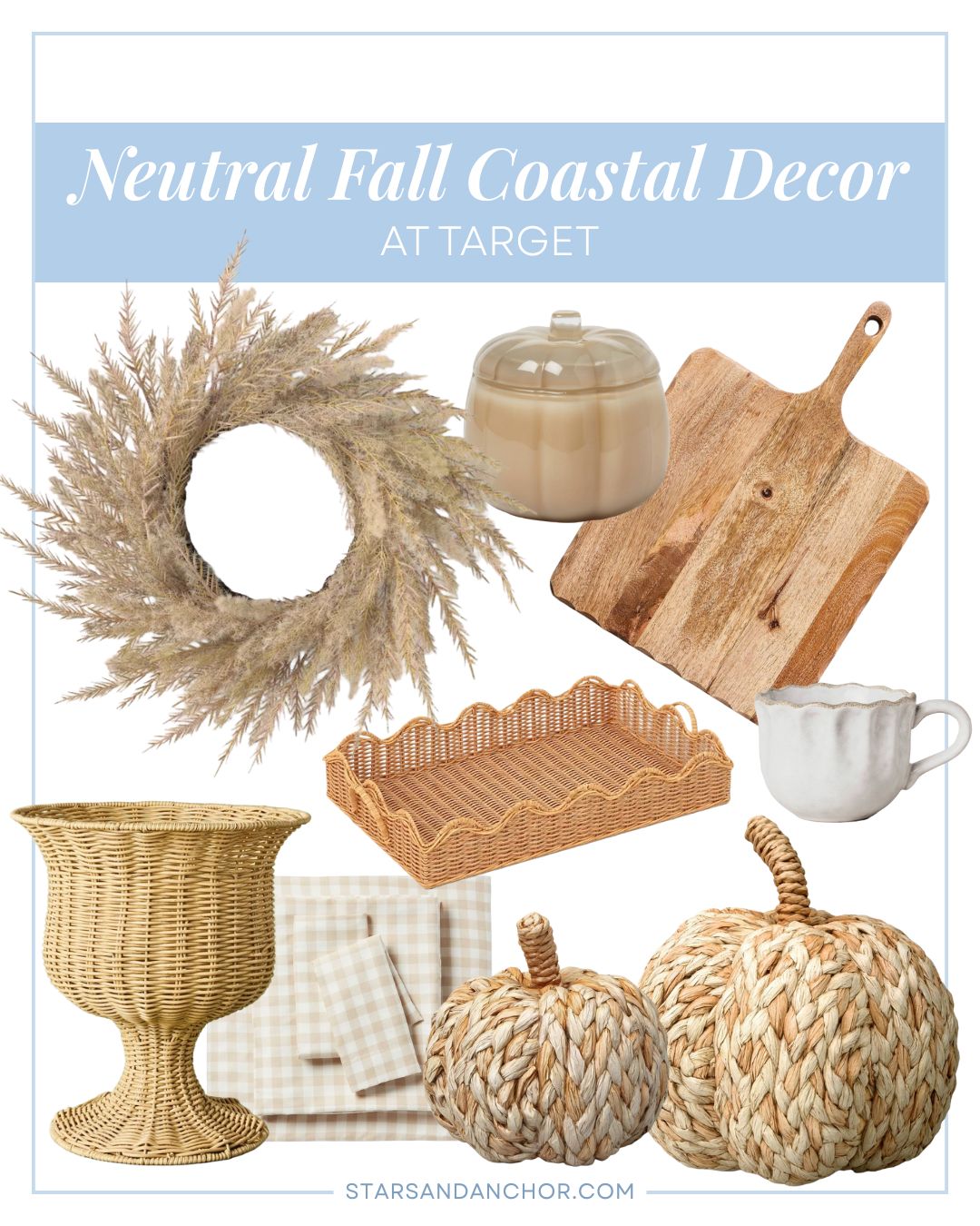 A collage named "Neutral Fall Coastal Decor at Target" showing a wreath, a glass pumpkin candle, a wood cutting board, a rattan tray, a white ceramic mug, a rattan planter, tan gingham sheets, and a set of seagrass pumpkins.