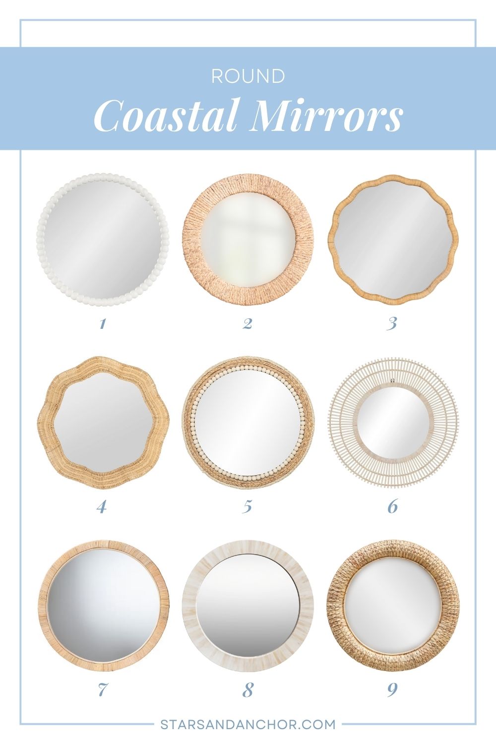 A collage with natural and white round mirrors numbered one through nine, with text that says: round coastal mirrors.