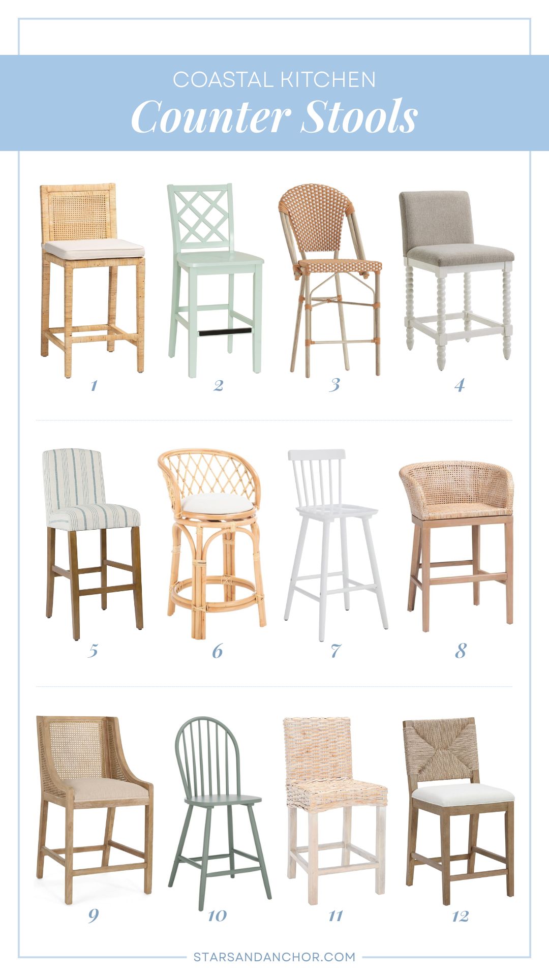 A collage of coastal counter stools named "Coastal Kitchen Counter Stools" numbered 1 through 12, featuring rattan, wood, and upholstered options in natural, white, sea green and beige colors.