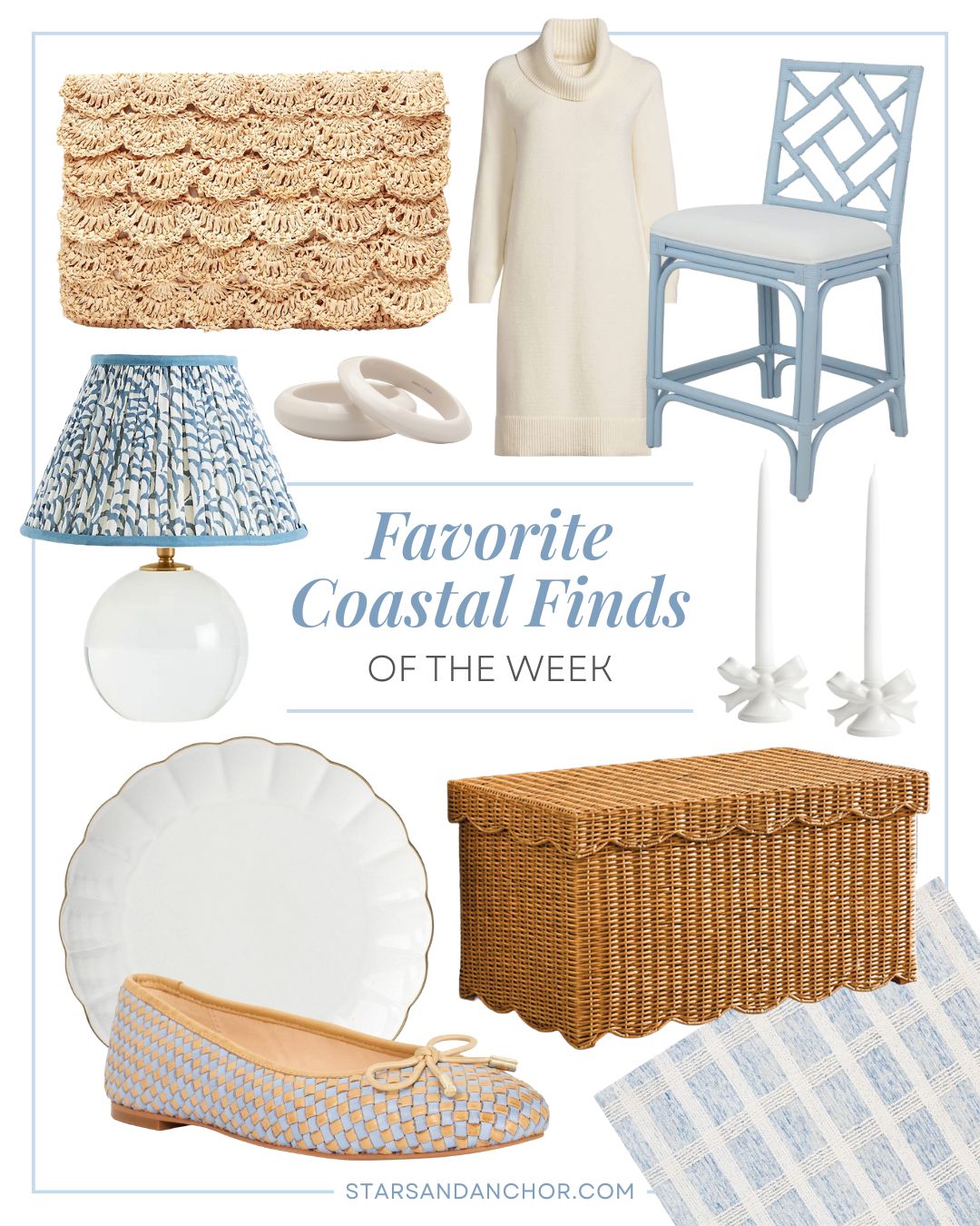 A collage named "favorite coastal finds of the week" showing a woven scalloped clutch, ivory bangle bracelets, an ivory sweater dress, a light blue counter stool with a white cushion, a clear lamp with a blue and white shade, white bow candleholders, a scalloped dinner plate with a gold rim, woven tan and blue ballet flats, a wicker storage chest, and a blue and white rug.