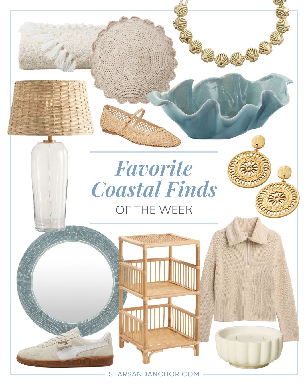A collage named "favorite coastal finds of the week" featuring a beige throw blanket, woven round scalloped throw pillow, a gold and teal scallop shell bracelet, a woven ballet flat with strap, a muted blue organic-shaped decorative bowl, a clear glass table lamp with rattan shade, round gold earrings with a cutout pattern, a gray-blue round mirror, beige Puma sneakers, a rattan shelf, a beige pullover 3/4 zip sweater, and a scalloped jar candle.