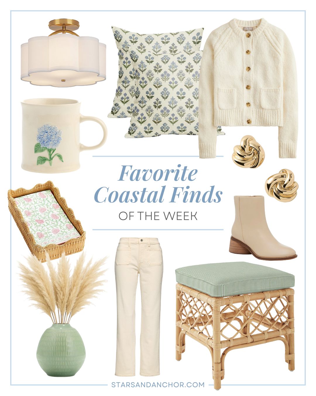 A collage named "favorite coastal finds of the week" featuring a scalloped semi flush mount ceiling light, blue and green floral throw pillows, a cream cardigan, a mug with a hydrangea flower, a rattan style napkin holder, a vase with dried grasses, women's beige pants, a rattan stool with a green and white striped cushion, a beige wood style heel bootie, and gold knot earrings.