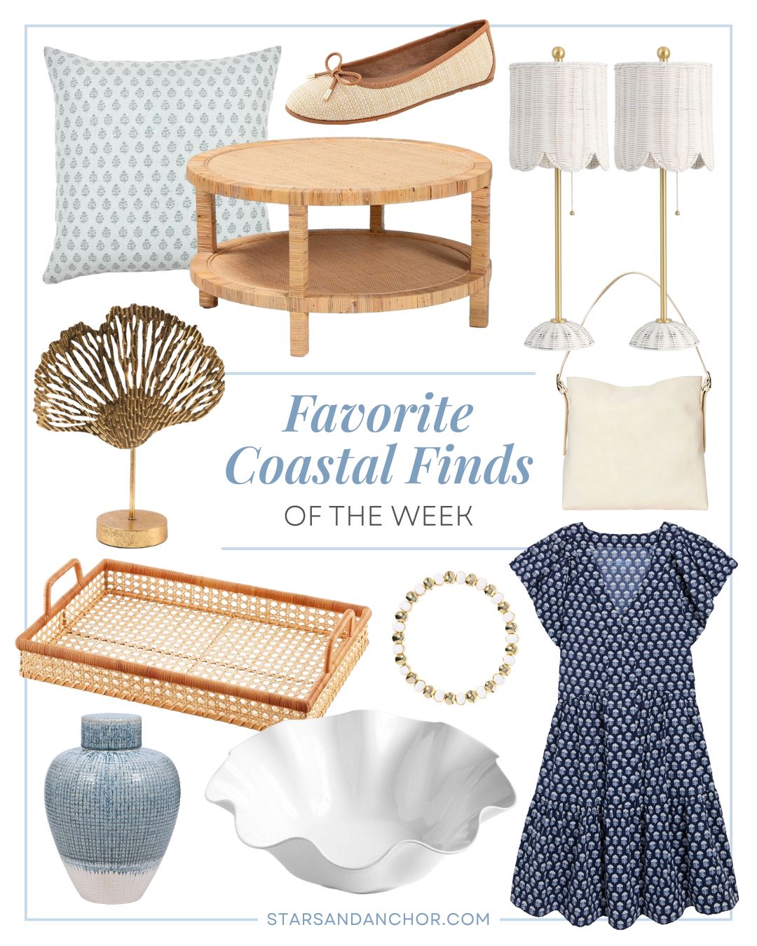 A collage named "favorite coastal finds of the week" featuring a light blue patterned throw pillow, ballet flats, a rattan coffee table, a set of white and gold rattan lamps, a metal coral light, a beige shoulder bag, a cane tray, a blue and white vase, a white ruffled serving bowl, a white and gold bracelet, and a navy and white patterned dress.