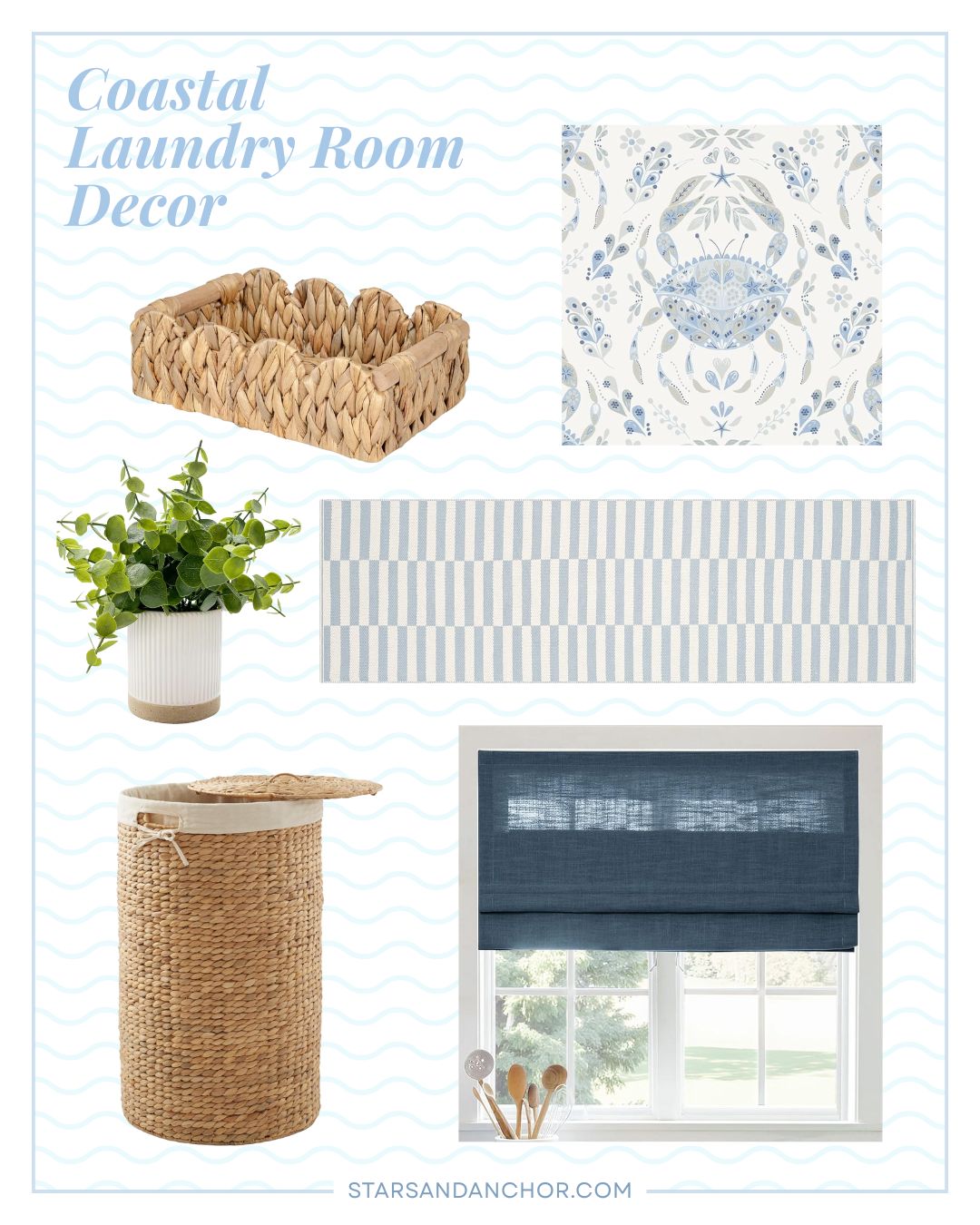 A collage titled "Coastal Laundry Room Decor" showing a closer look at the scalloped woven basket, plant, laundry hamper, wallpaper, runner rug, and roman shade.