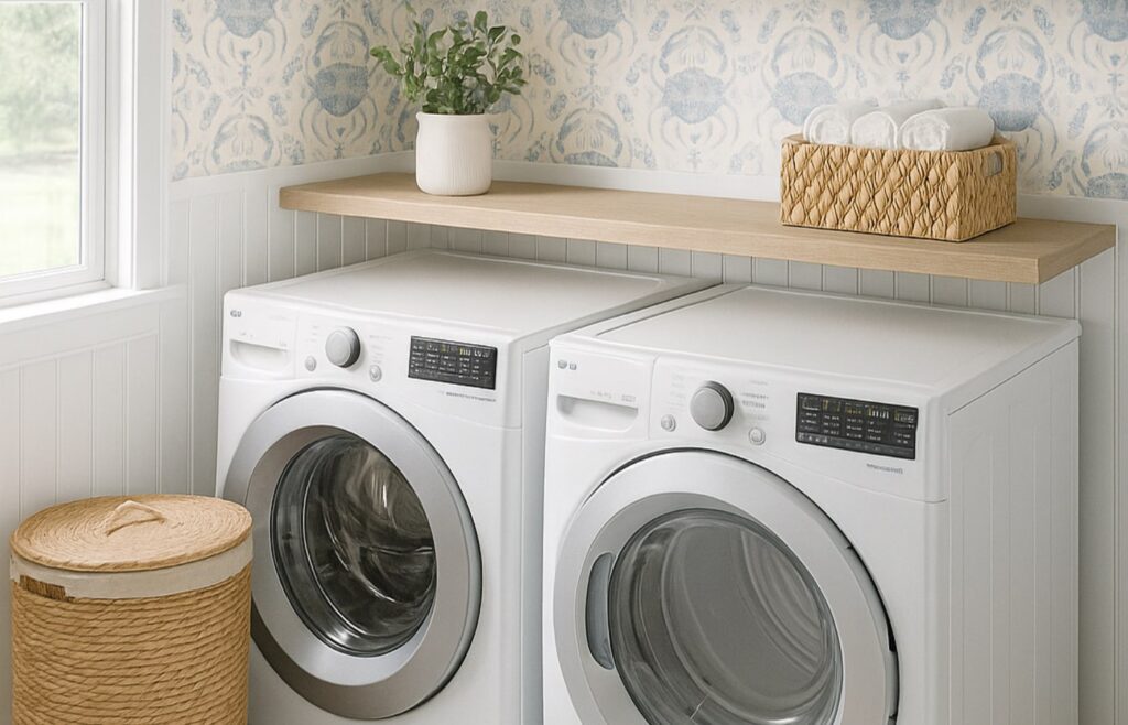 A 3D mockup of a coastal laundry room, with white beadboard on the lower half of the wall, wallpaper on the upper half of the wall, a floating wood shelf above a washer and dryer with a plant and a woven basket on it, and a woven laundry hamper in front of a window.