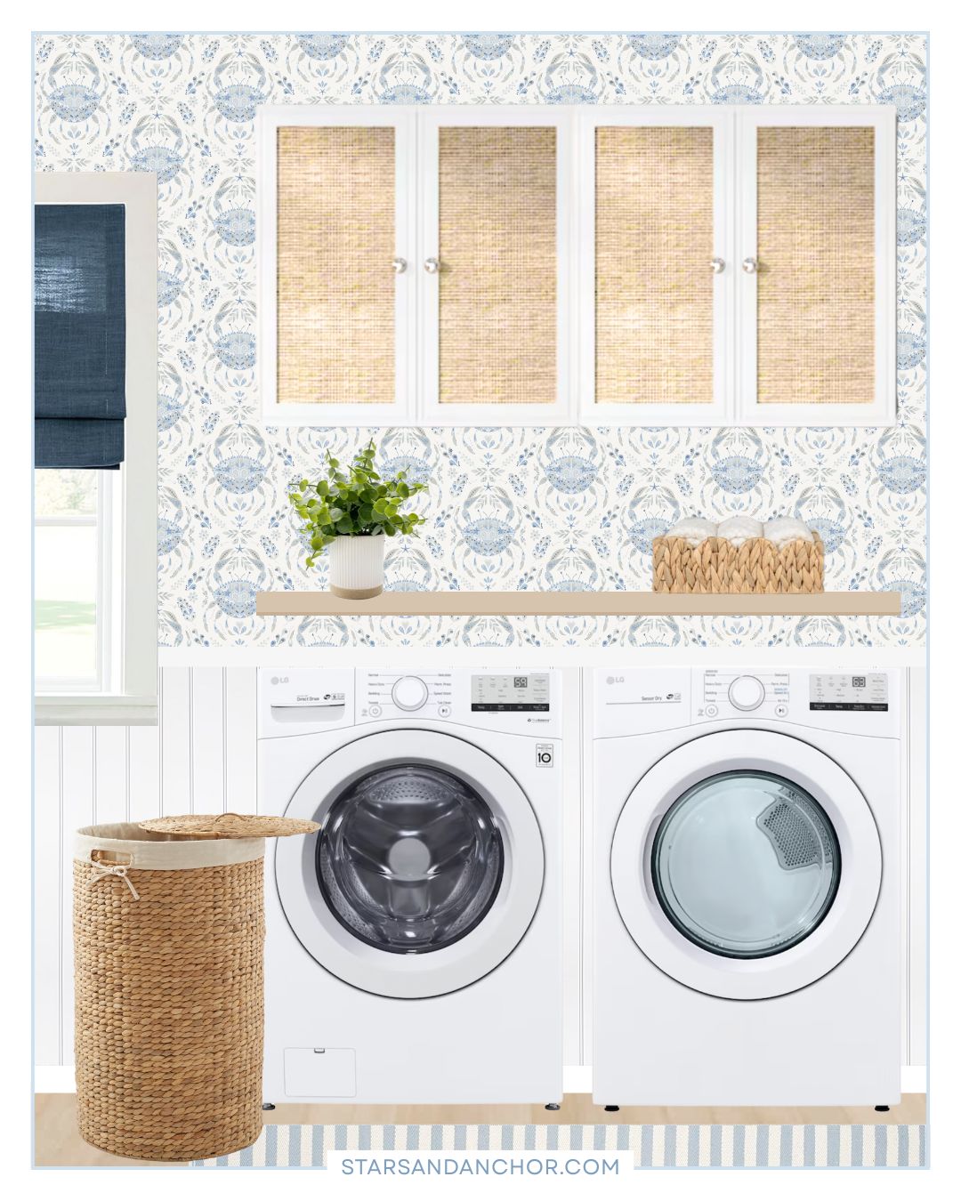 A collage of a modern coastal laundry room mockup showing ideas for decorating a laundry room, featuring white beadboard wall paneling on the lower half of the wall and blue and white crab wallpaper on the top half of the wall, white cabinets with woven rattan fronts, a front-load washer and dryer, a woven laundry hamper, a floating shelf with a potted plant and a scalloped woven storage basket, a blue and white striped runner rug, and a window with a navy roman shade.