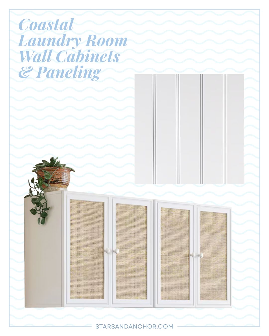 A collage titled "Coastal Laundry Room Wall Cabinets and Paneling" showing a closer look at the beadboard wall paneling and wall cabinets.
