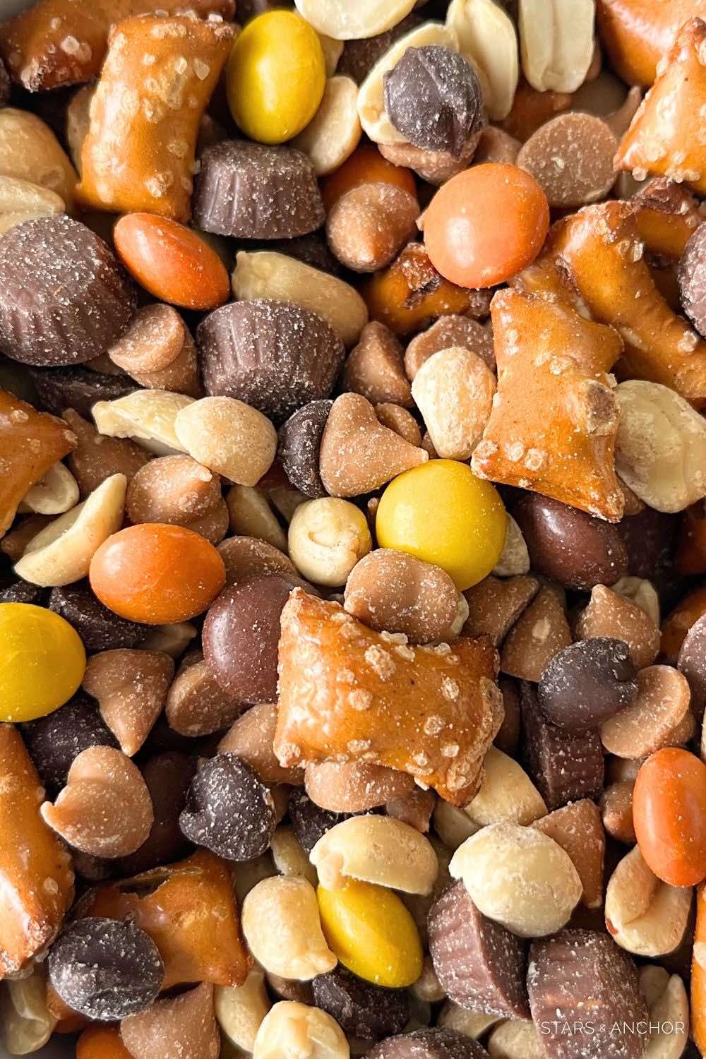 A close up of the peanut butter chocolate Halloween snack mix containing peanut butter filled pretzels, chocolate chips, peanut butter chips, candy-coated peanut butter candies, peanuts, mini peanut butter cups.