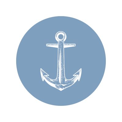 A white anchor on a blue background.