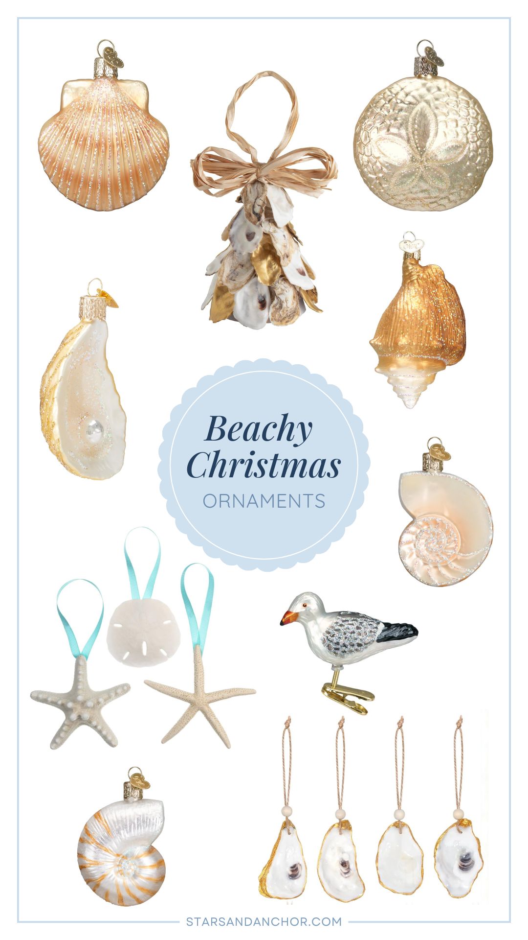 A collage roundup called Beachy Christmas Ornaments, containing these items: a clam shell, an oyster shell Christmas tree, a sand dollar, an oyster with a pearl, a golden fighting conch seashell ornament, a nautilus shell, a set of three containing two different starfish and a sand dollar, a sea gull clip-on ornament, and a set of 12 gold-rimmed oyster shell ornaments.