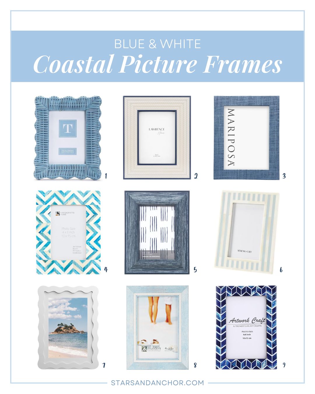 A collage of nine blue, white and blue and white picture frames in various textures and patterns, all of a beachy and coastal picture frame style. Text on the collage says: blue and white coastal picture frames.