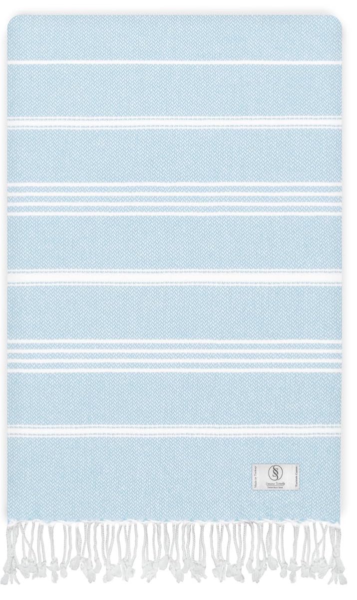 A light blue and white striped Turkish towel.