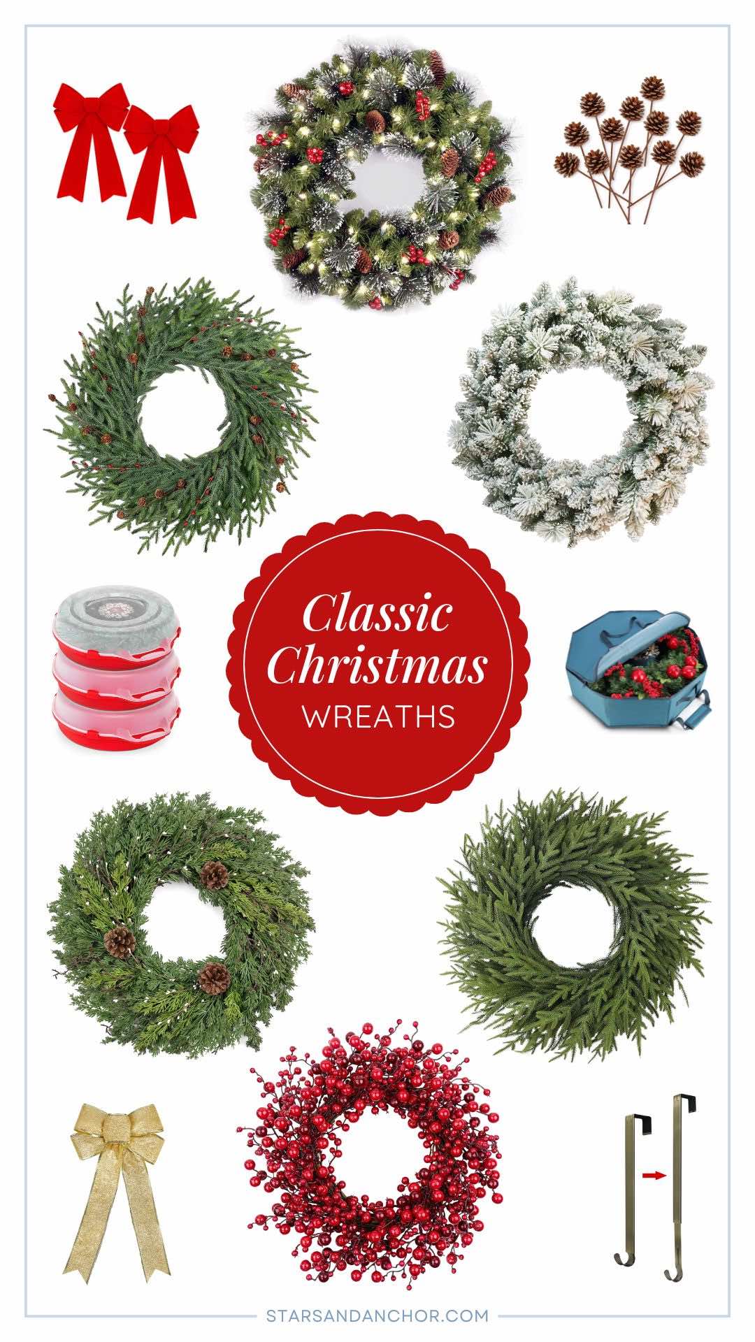 A collage showing six styles of classic Christmas wreaths, red bows, pinecones, wreath storage, a gold bow, and a wreath hanger.