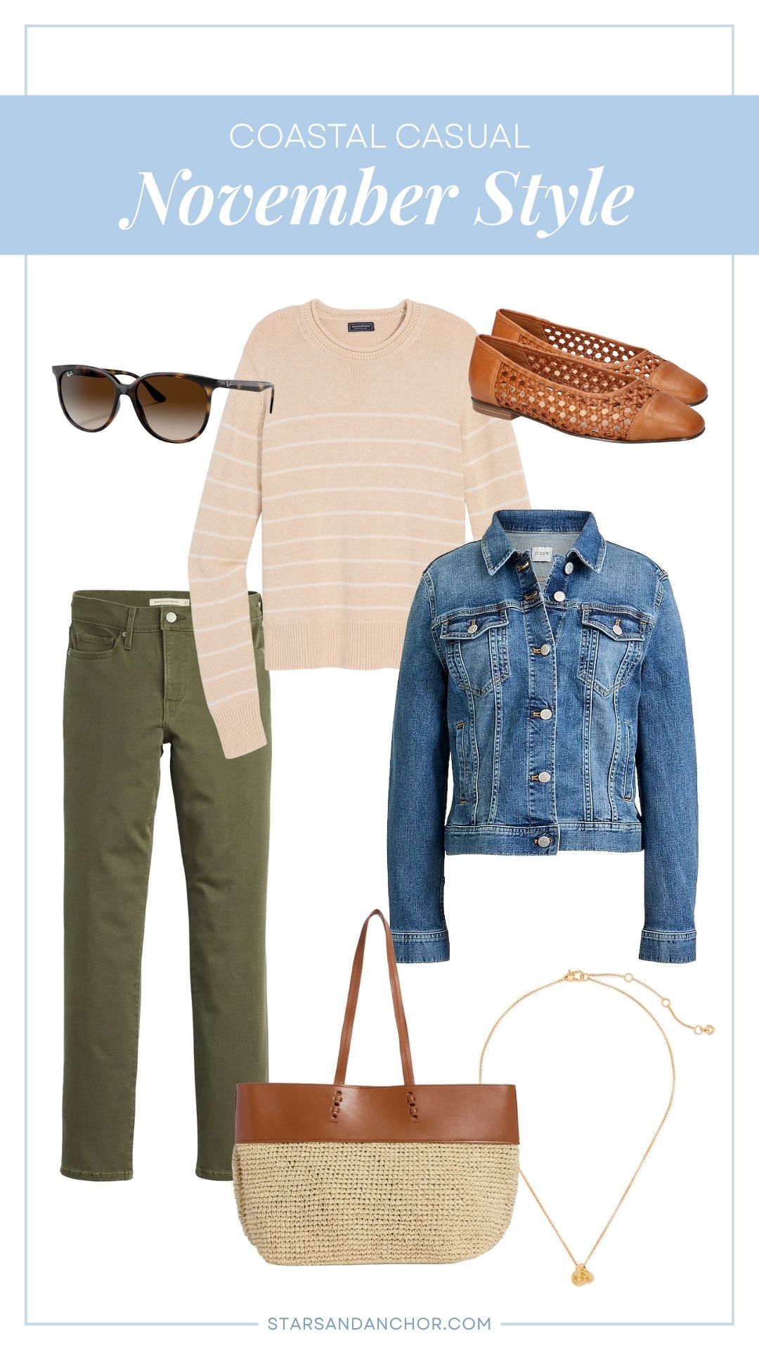A graphic showing women's fall outfit inspiration called: Coastal Casual November Style, featuring sunglasses, a tan and white striped sweater, brown woven flats, dark green jeans, a denim jacket, a brown and woven tote bag, and a gold knot necklace.