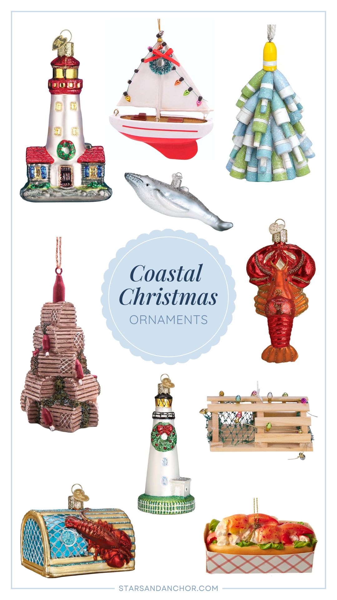 A collage roundup called Coastal Christmas Ornaments, containing these items: a lighthouse with a Christmas wreath, a sailboat with a wreath and Christmas lights, a buoy Christmas tree, a humpback whale, a lobster trap Christmas tree, a lobster, a lobster trap with a lobster on it, a lighthouse with a Christmas wreath, a wood lobster trap with Christmas lights, and a lobster roll.