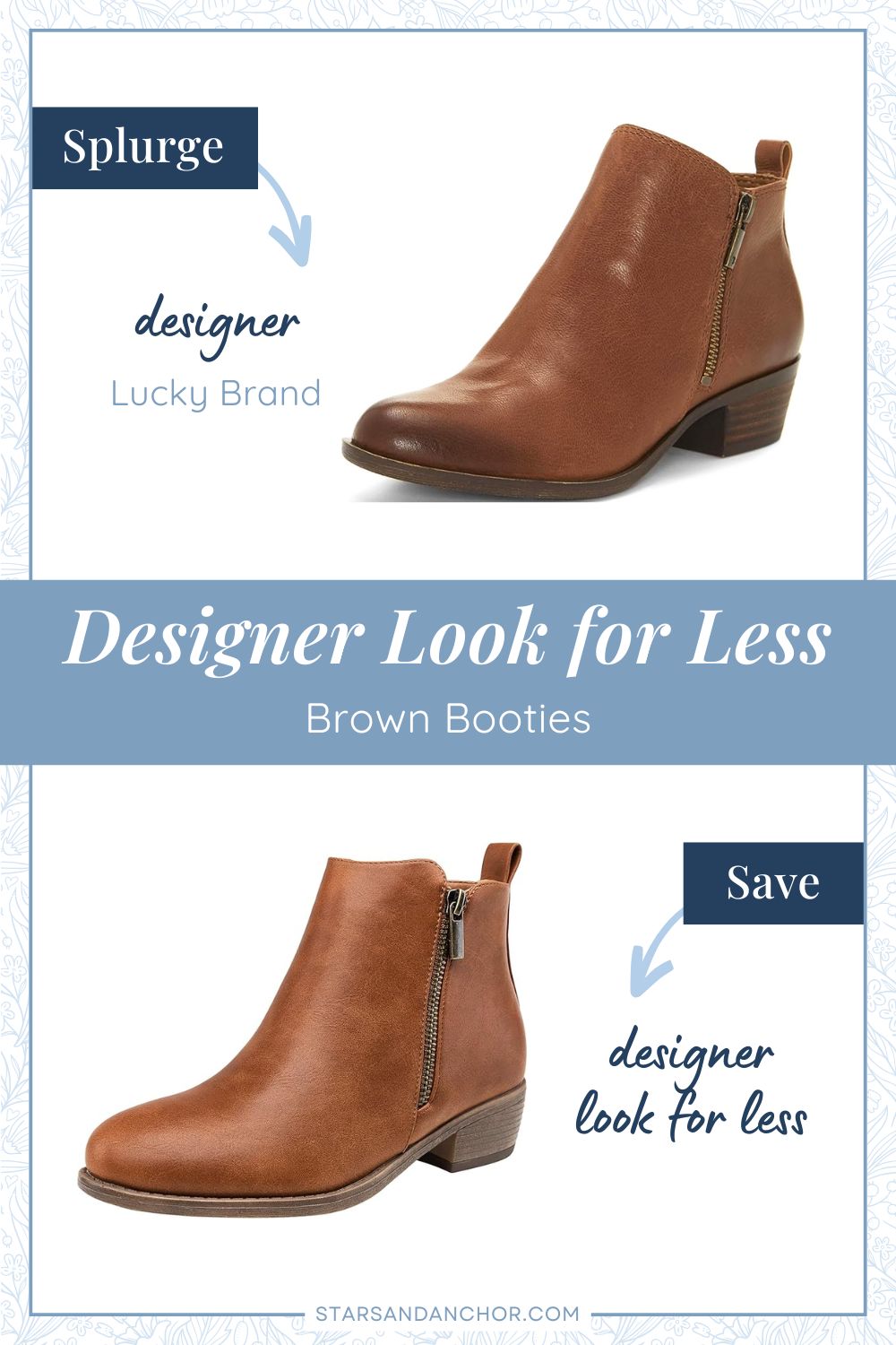 This is a graphic called, "Designer Look for Less: Brown Booties." It shows two brown booties with a zipper down the side that look similar. The first item is labeled, Splurge: designer, Lucky Brand. The second item is labeled, Save: designer look for less.
