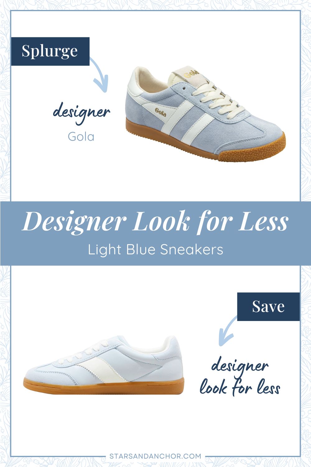 This is a graphic called, "Designer Look for Less: Light Blue Sneakers." It shows two light blue sneakers white details and a brown sole that look similar. The first item is labeled, Splurge: designer, Gola. The second item is labeled, Save: designer look for less.