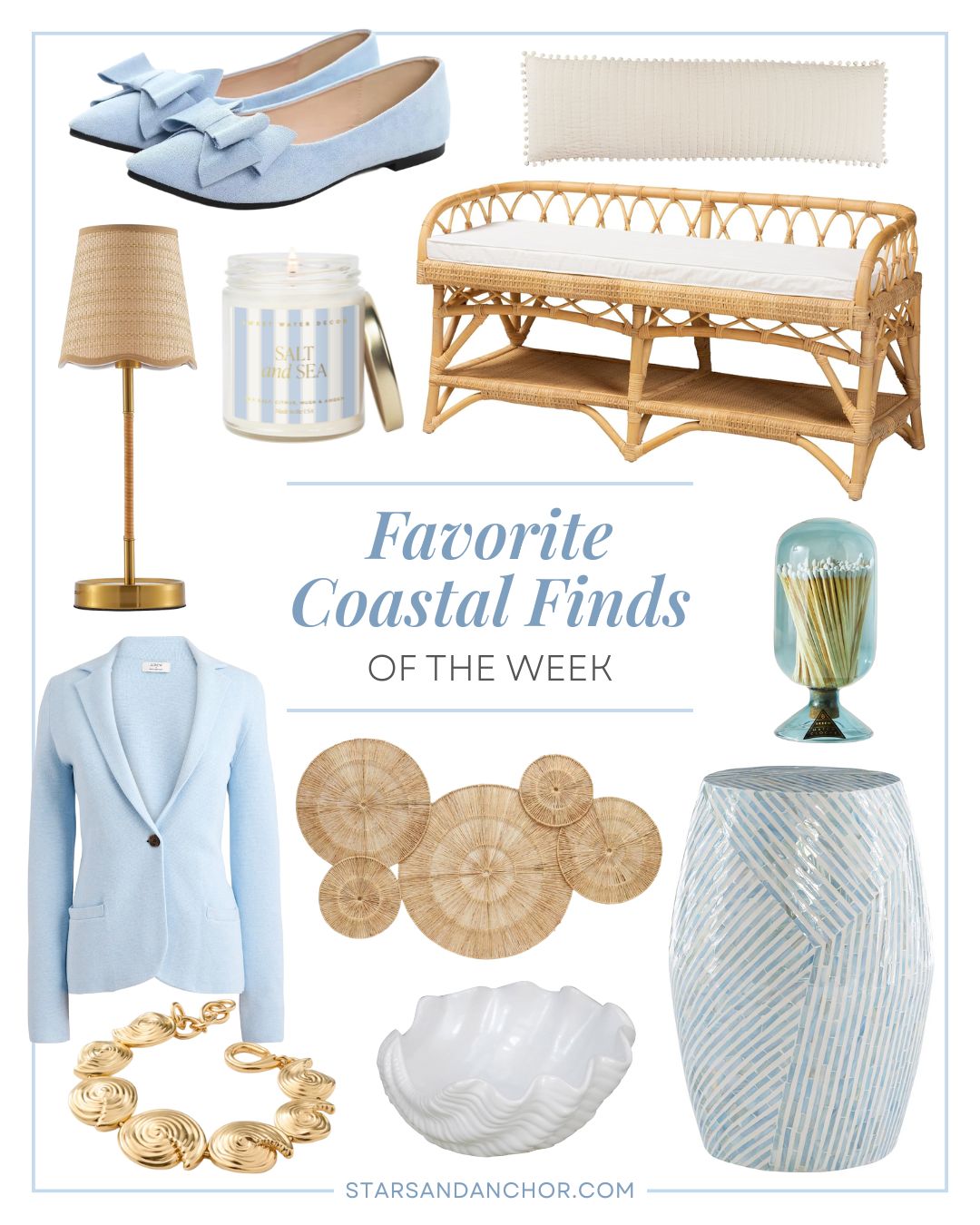 A collage named "favorite coastal finds of the week" featuring light blue flats with bows, a beige lumbar pillow with a pom pom border, a small gold lamp with a woven shade, a salt and sea candle, a rattan bench with white cushion, a light blue match cloche, a sky blue women's blazer, a gold spiral bracelet, a set of round jute wall decor, a white ceramic clam shell bowl, and a blue and white capiz shell side table.