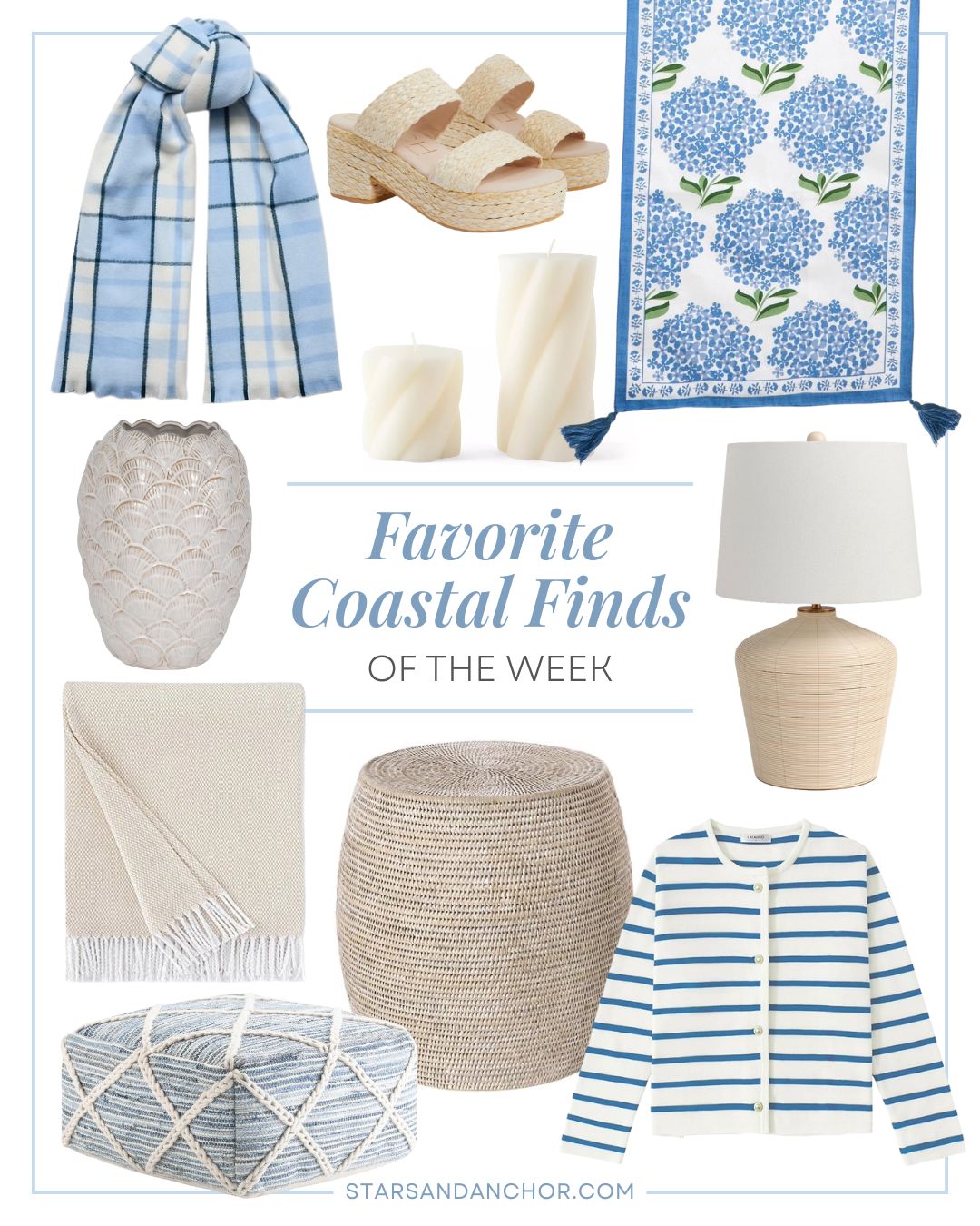 A collage named "favorite coastal finds of the week" featuring a blue and white plaid scarf, a ceramic seashell vase, raffia sandals, twisted candles, a hydrangea table runner, a table lamp, a throw blanket, a floor pouf, a rattan side table, a woven table lamp, and a striped cardigan sweater.