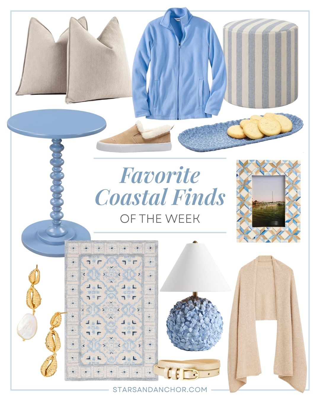 A collage named "favorite coastal finds of the week" featuring a set of two beige pillows, a side table, shearling slip-on shoes, a fleece jacket, a blue striped ottoman, a hydrangea serving tray, a patterned picture frame, gold seashell and pearl mismatched earrings, an ivory and blues patterned rug, a round hydrangea flower table lamp, a gold slim belt, and a cashmere wrap.
