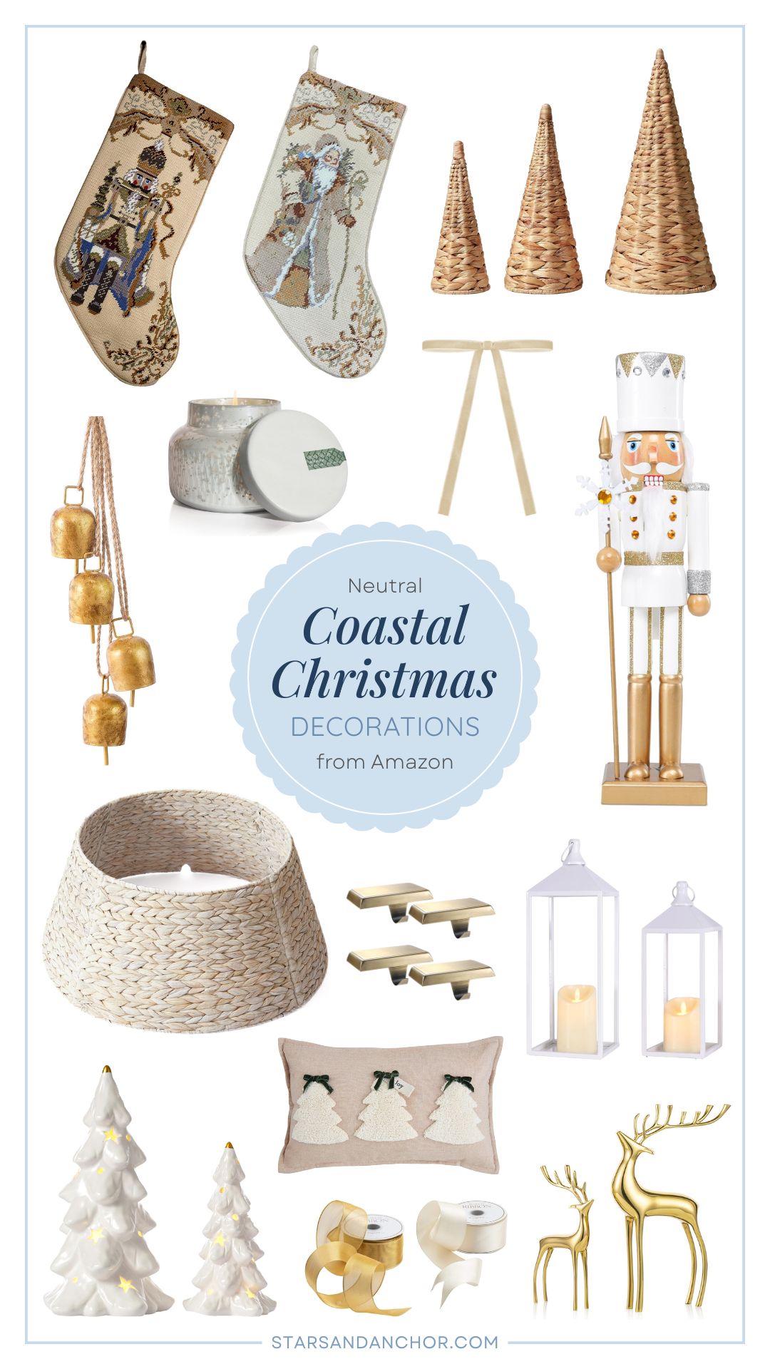 A collage roundup called Neutral Coastal Christmas Decorations from Amazon, containing these items: an embroidered nutcracker stocking, an embroidered santa stocking, a set of three woven trees, gold bells, a beige and silver holiday candle, a set of velvet bows, a wooden nutcracker, a woven tree collar, a set of Christmas stocking holders, a set of two white lanterns, a Christmas tree throw pillow, a set of two ceramic Christmas trees that light up, gold ribbon, ivory ribbon, and a set of two gold reindeer sculptures.