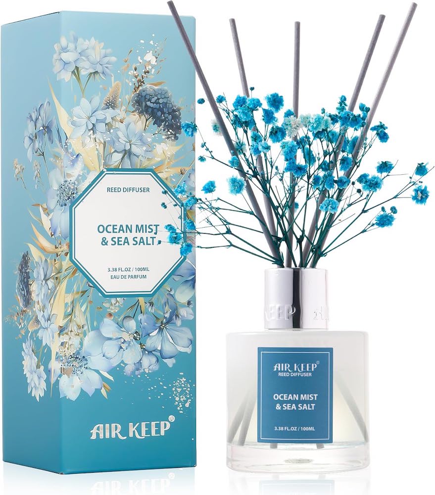 A reed diffuser with the scent ocean mist and sea salt.