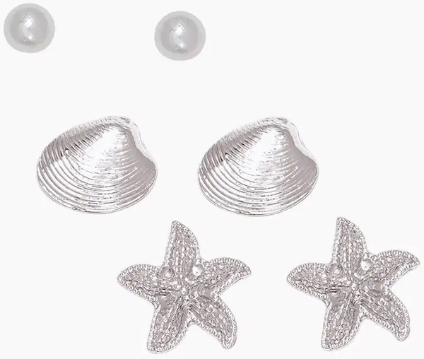 A set of 3 earrings: pearls, shells, and starfish.