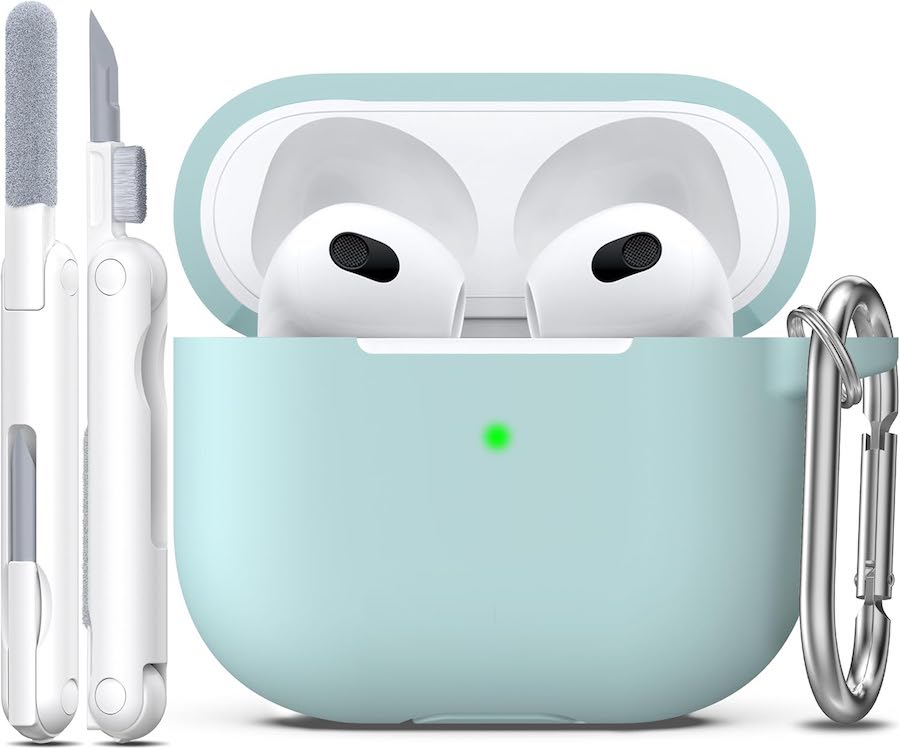 A turquoise AirPods case and cleaning tools.