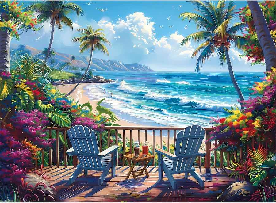 A wooden deck with two Adirondack chairs looking out over a beach with palm trees.