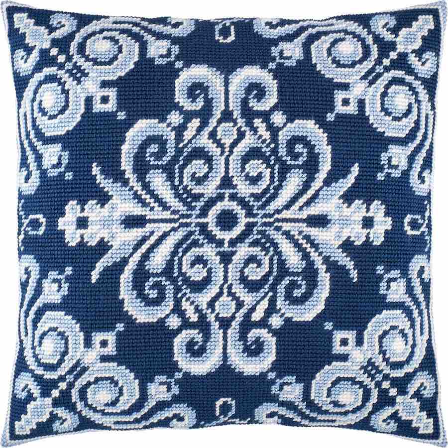 A blue ornamental cross-stitch kit for adults.